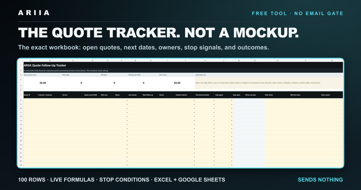 ARIIA Quote Follow-Up Tracker workbook showing summary formulas and a 100-row quote table